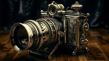 antique slr camera with telelens zooms photo