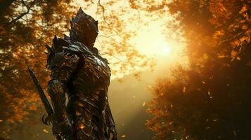 armor clad knight stands tall in sunset forest photo