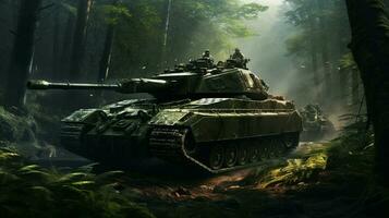 armored tank advances through forest aiming strategically photo