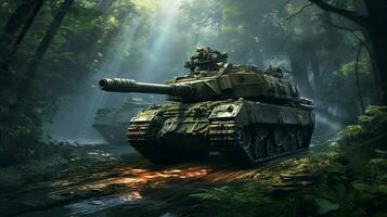 armored tank advances through forest aiming strategically photo