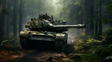 armored tank advances through forest aiming strategically photo