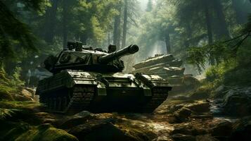 armored tank advances through forest aiming strategically photo