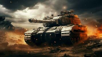 armored tank on battlefield heavy machinery in motion photo