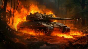 armored tank advances through forest flames ignite photo