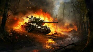 armored tank advances through forest flames ignite photo