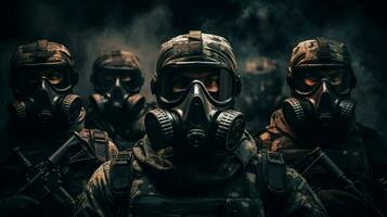 army soldiers wearing protective masks and helmets aim photo