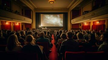 audience in auditorium watching presentation on stage photo