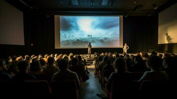 audience in auditorium watching presentation on stage photo