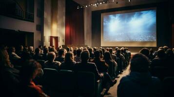 audience in auditorium watching presentation on stage photo