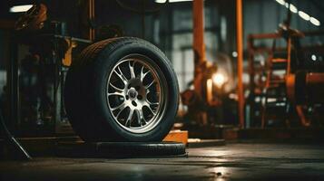 auto mechanic repairing car tire in workshop photo