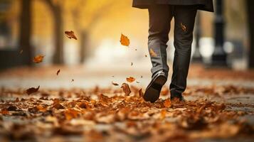 autumn leaves falling businessman walking outdoors photo