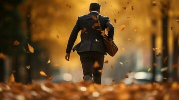 otoño hojas que cae empresario caminando al aire libre foto