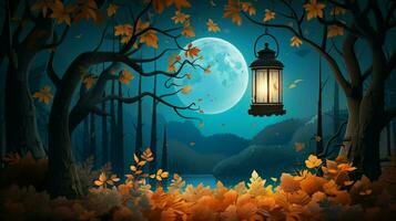 autumn night with lantern hanging scene photo