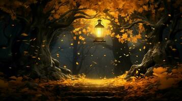 otoño noche iluminado linterna árbol amarillo hoja foto