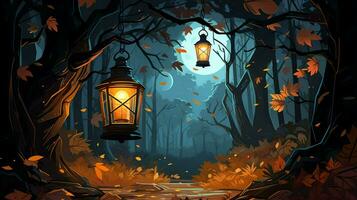 autumn night with lantern hanging scene photo