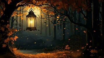 autumn night with lantern hanging scene photo