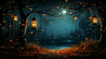 autumn night with lantern hanging scene photo