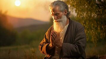 bearded senior man praying to god outdoors photo