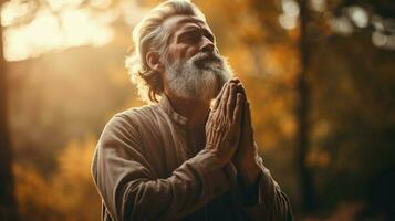 bearded senior man praying to god outdoors photo