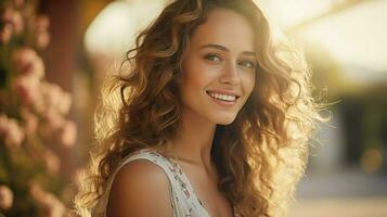 hermosa mujer sonriente mirando a cámara al aire libre foto