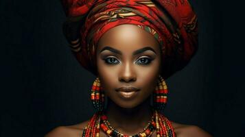 hermosa joven africano mujer en tradicional turbante foto