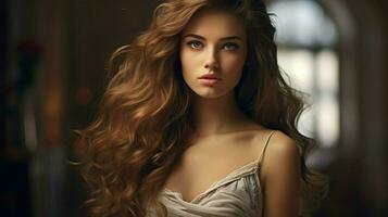 beautiful young woman with brown hair and sensual elegance photo