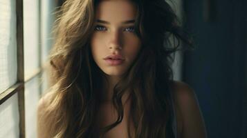 beautiful young woman with brown hair and blue eyes star photo