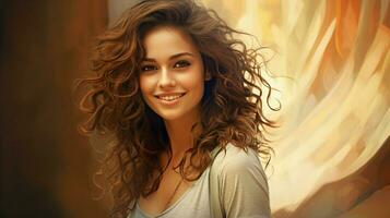 hermosa joven mujer con Rizado marrón pelo sonriente foto