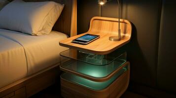 bedside table with modern tech for relaxation photo