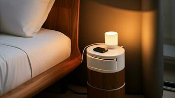 bedside table with modern tech for relaxation photo