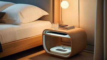 bedside table with modern tech for relaxation photo