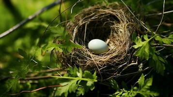 bird nest on a branch surrounded by green grass and leave photo