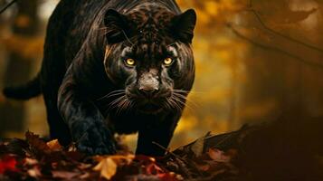 big cat walking through dark autumn forest photo