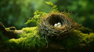 bird nest on a branch surrounded by green grass and leave photo