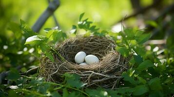 bird nest on a branch surrounded by green grass and leave photo