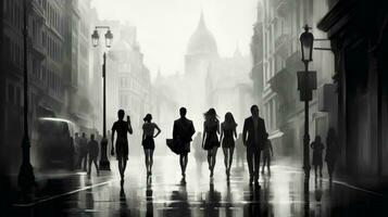 black and white city life men and women walking outdoors photo