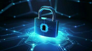 blue padlock secures computer data network connection photo