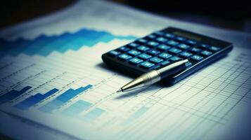 azul bolígrafo analizando financiero cifras para éxito foto