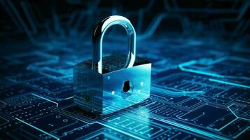 blue padlock secures computer data network connection photo