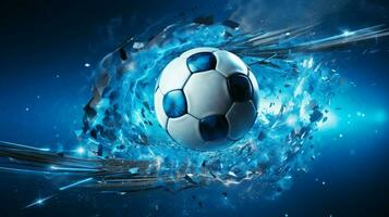 blue soccer ball kicks into the net photo
