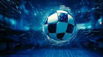 blue soccer ball kicks into the net photo