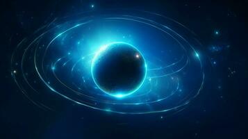 blue sphere orbits dark planet in deep space photo