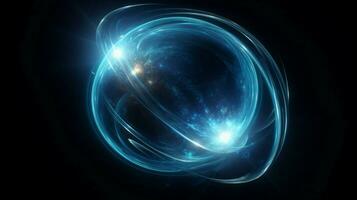 blue sphere orbits dark planet in deep space photo
