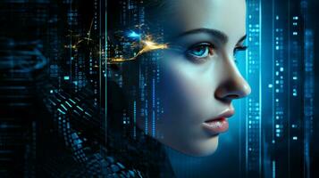 blueeyed cyborg woman watches futuristic computer data photo