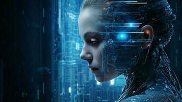 blueeyed cyborg woman watches futuristic computer data photo