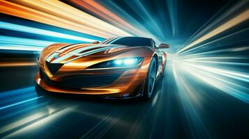 blurred motion shiny sports car driving success photo