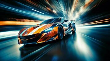 blurred motion shiny sports car driving success photo