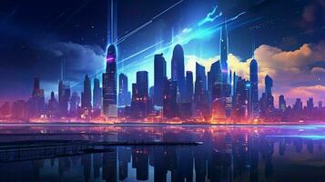 bright cityscape illuminated by futuristic lighting photo