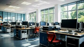 bright computer lab with modern equipment and technology photo