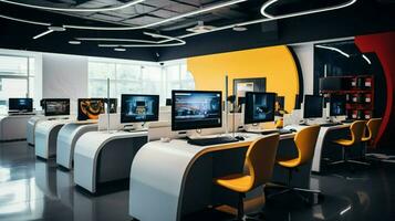 bright computer lab with modern equipment and technology photo